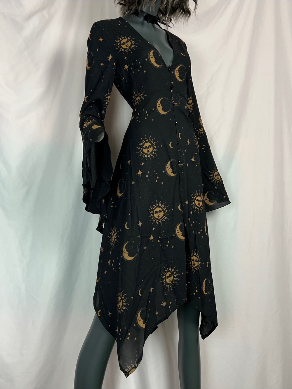 Killstar Black & Gold Celestial Orbit Bell Sleeve Dress